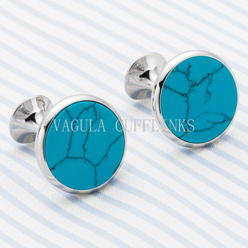 VAGULA Silver Plated Turquoise Round Cuff Links 702