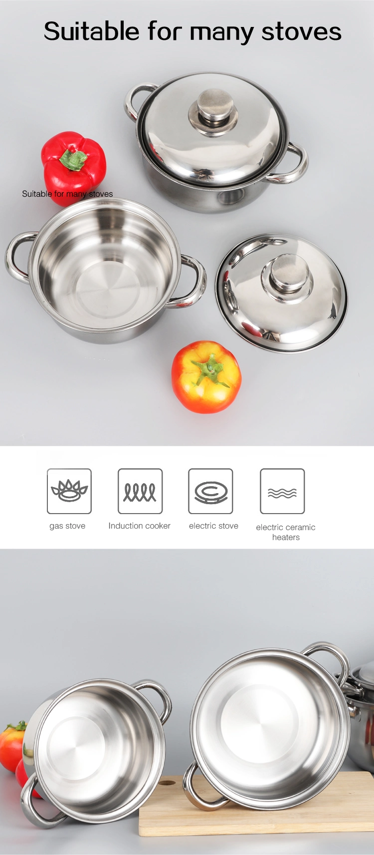 German Eco Friendly Metal Silver Cookware Sets Stainless Steel Custom Logo Pot
