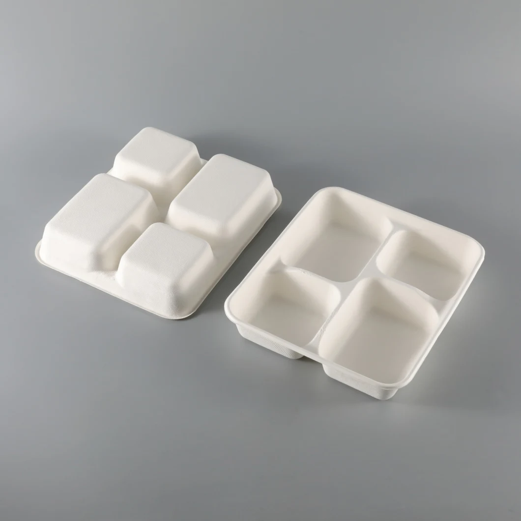 Biodegradable Compostable Sugarcane Bagasse Lunch Meat Food Packaging 4 Compartments Paper Tray