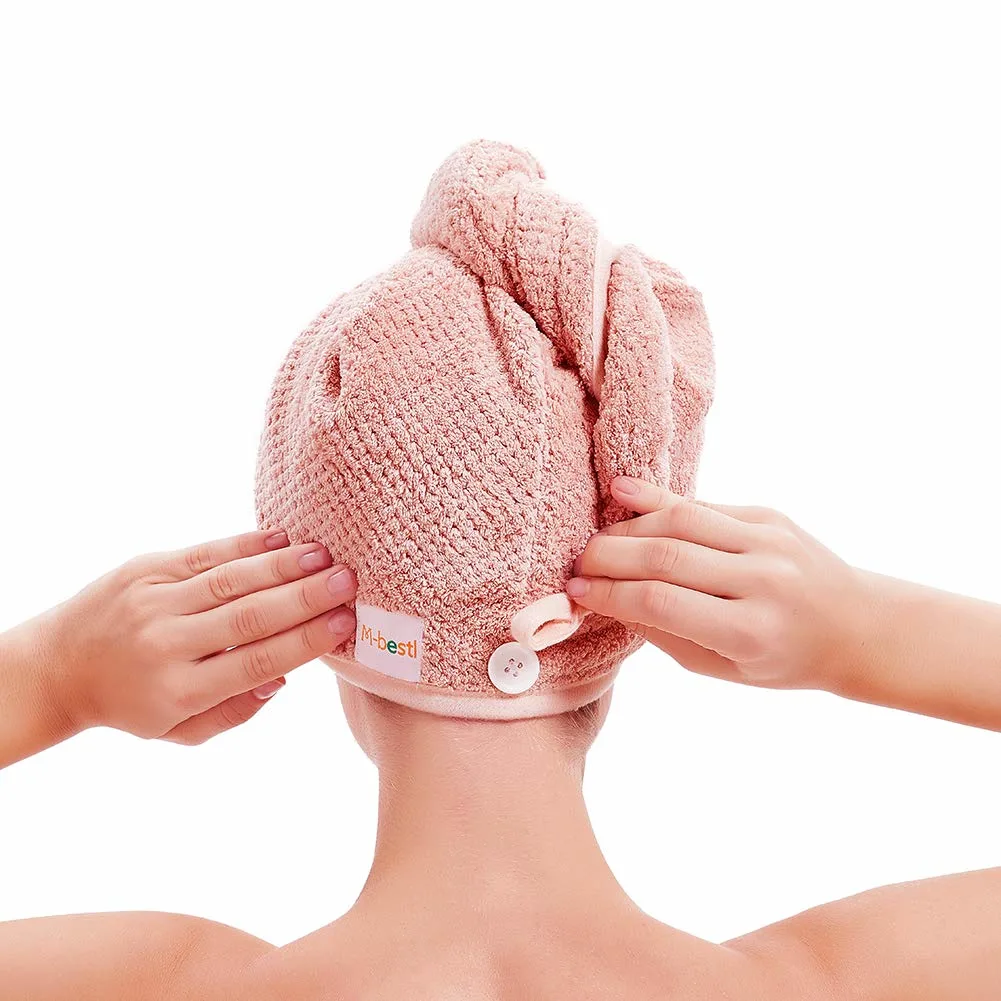 Hair Towel Wrap, Hair Drying Towel with Button, Microfiber Hair Towel, Dry Hair Hat, Bath Hair Cap (Pink&Beige)