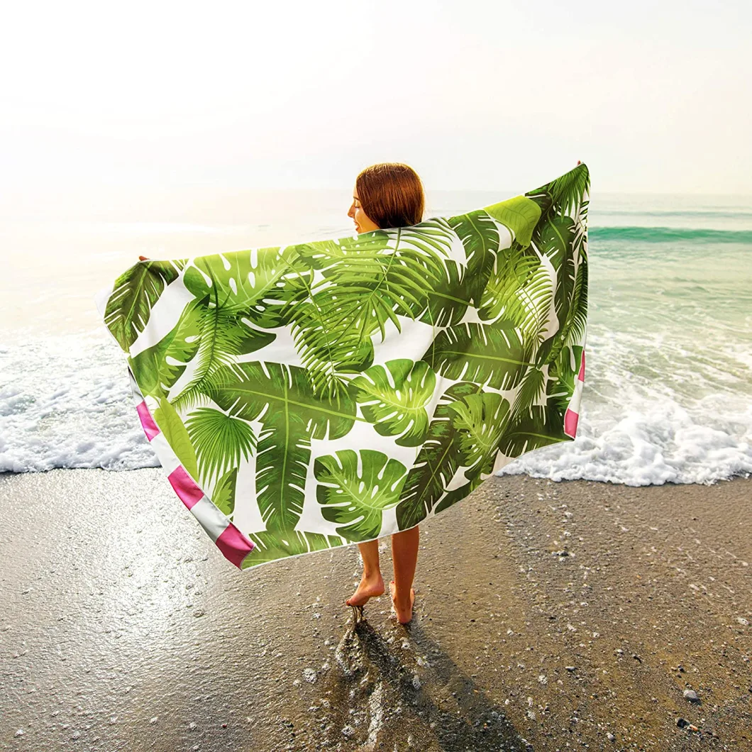 Champagne Beach Microfiber Beach Towel, Palm Leaf/Pink Cabana Stripe, Large 56