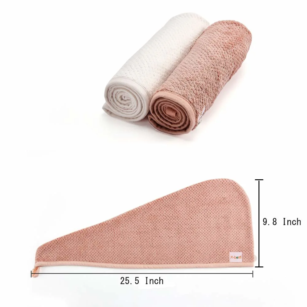 Hair Towel Wrap, Hair Drying Towel with Button, Microfiber Hair Towel, Dry Hair Hat, Bath Hair Cap (Pink&Beige)
