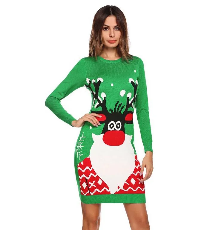 Christmas Green Woman Knitting Sweater/Sweater Dress for Woman