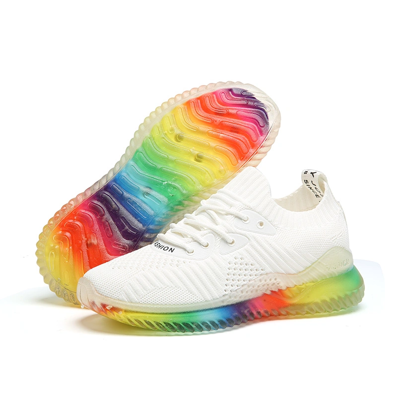 New Fashion Fly Knitting Upper Women Sport Shoe Rainbow Color Sole Sneakers