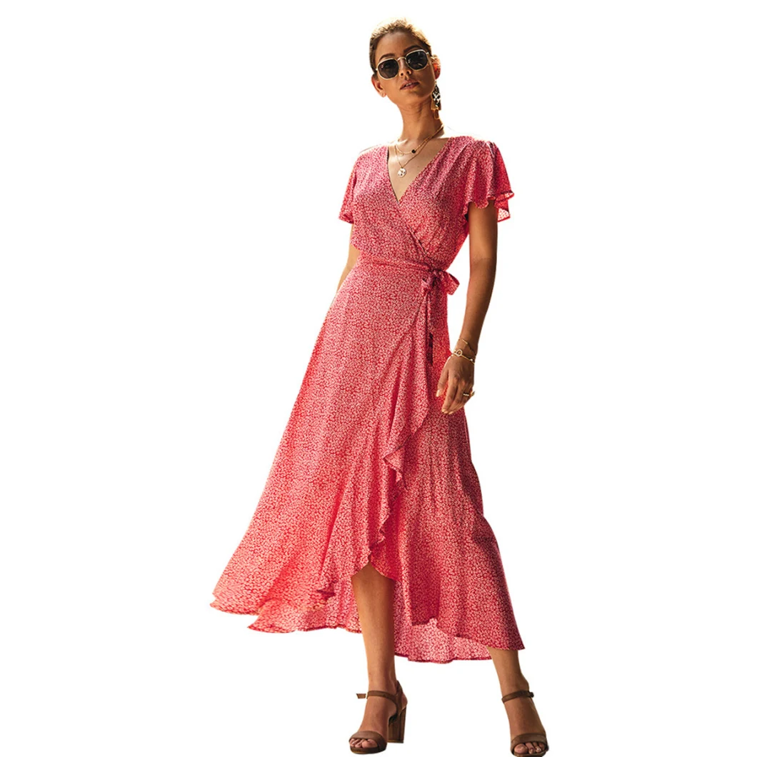 Waist Slim Short Sleeve Printing Women Beach Dress Women Summer Casual Dresses Women Floral Long Dresses
