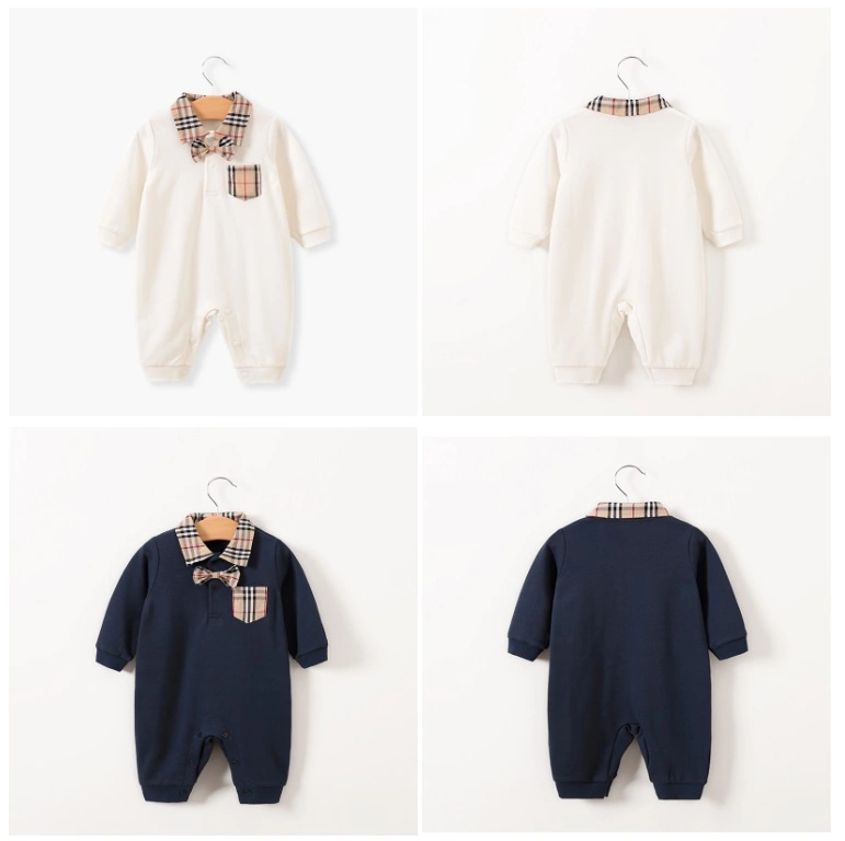 Wholesale Casual Newborn Baby Boy Romper Onesie Turn Down Collar Cotton Long-Sleeved Baby Clothing