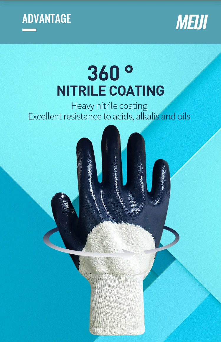 Good Quality Cotton Liner 3/4 Blue Nitrile Dipped Oil Resistance Waterproof Work Safety Gloves