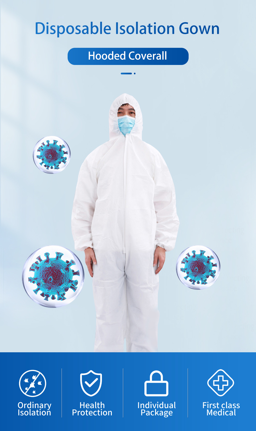 White Polypropylene Nonwoven Fabric Waterproof Safety SMS Microporous Protection PPE Suit Disposable Coverall