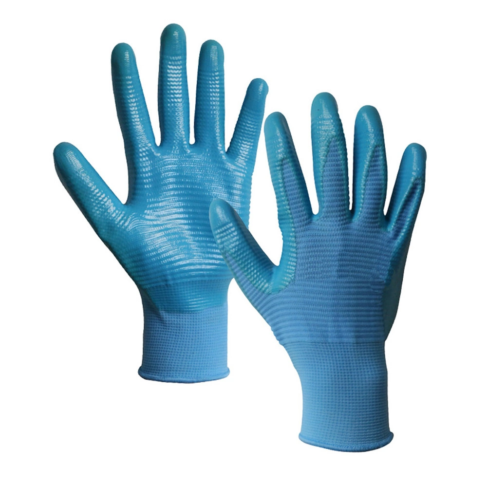 High Quality Blue 13 Gauge Polyester with Nitrile Full Coated Anti Oil Waterproof Work Gloves