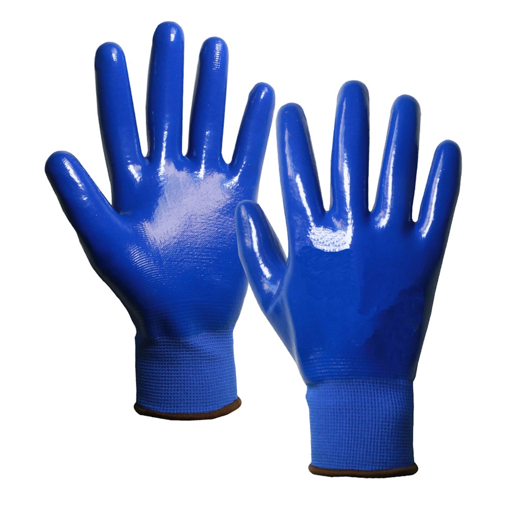 High Quality Blue 13 Gauge Polyester with Nitrile Full Coated Anti Oil Waterproof Work Gloves