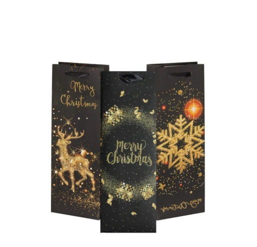 Gloss Matt Lamination Gold and Black Christmas Gift Bag with Handles