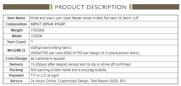 White and Black Yarn Dyed Feeder Stripe Knitted Flat Back Rib Fabric Cuff