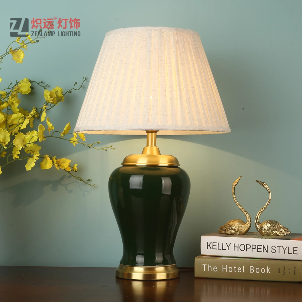 White Bell Shade Dark Green Ceramic Table Lamp (TL8062)