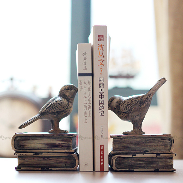 Decorative Birds Figurines Books Design Vintage White Resin Bookshelf Bookends