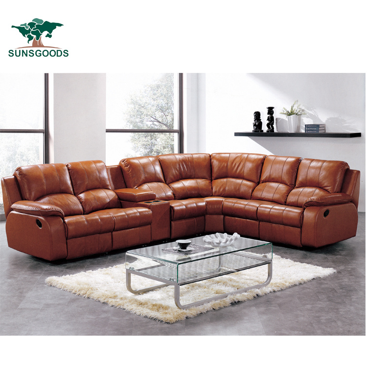 Luxury Classic European Lounge Genuine Leather 7 Seater Recliner Wood Frame Sofa Furniture