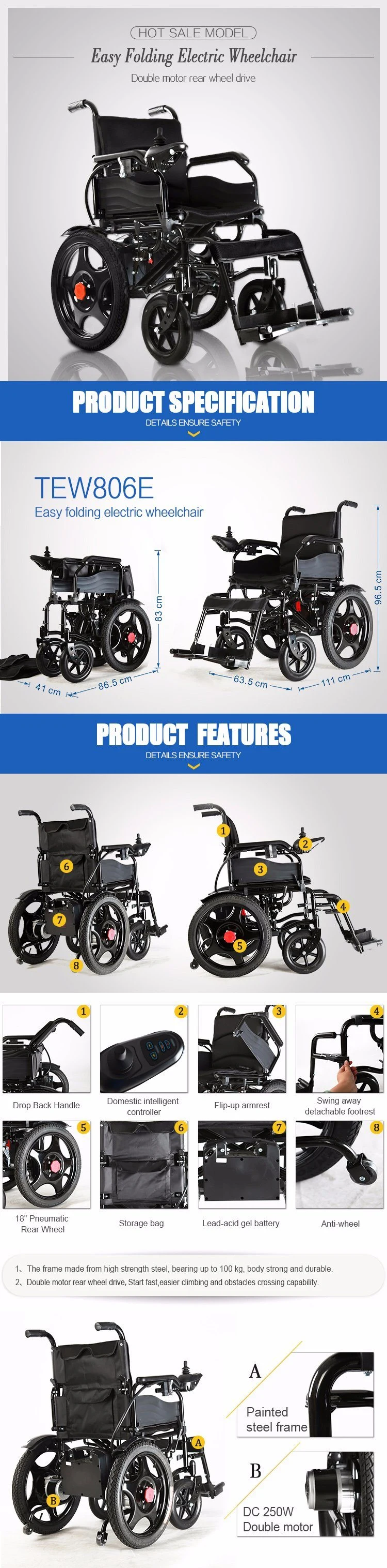 Disabled Motorized Wheel Chair Power Motor Steel Folding Electric Wheelchair