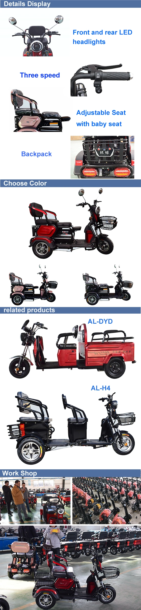 500W 48V China Al-Xk Electric Tricycle for Seniors