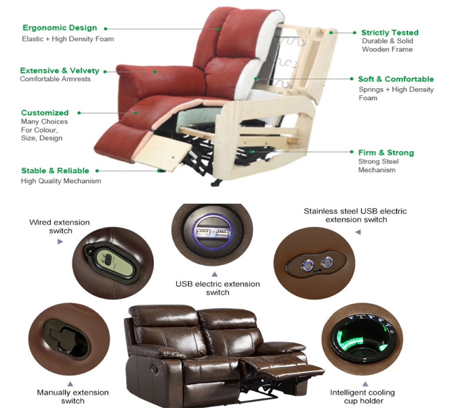 Luxury Classic European Lounge Genuine Leather 7 Seater Recliner Wood Frame Sofa Furniture