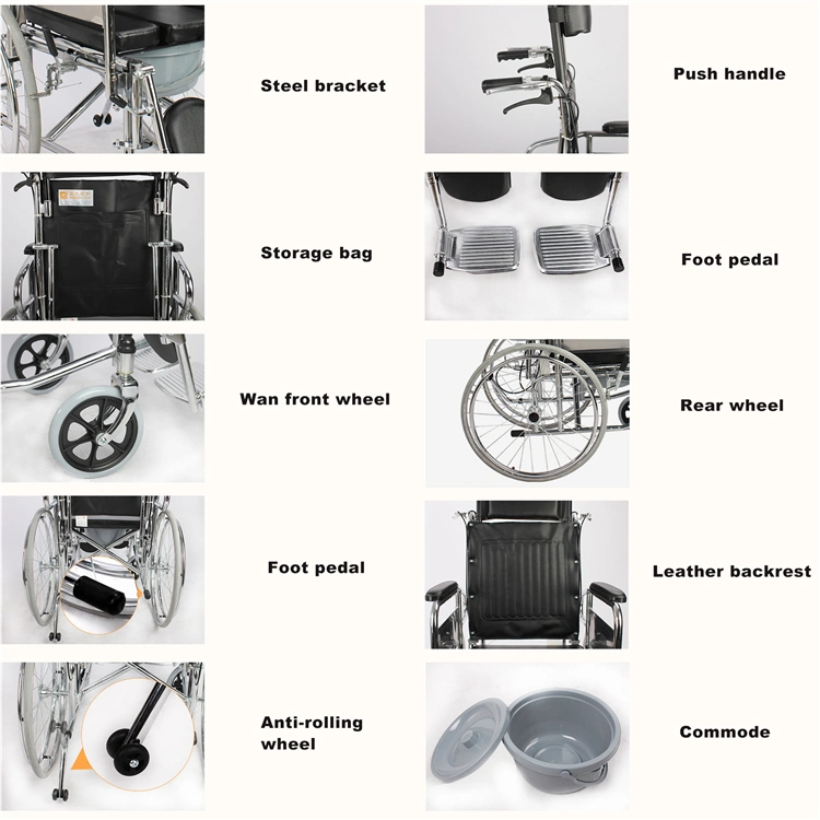 Elderly Handicapped Commode Wheelchair, Manual Wheelchair with Reclining Backrest, Wheelchairs with Bedpan