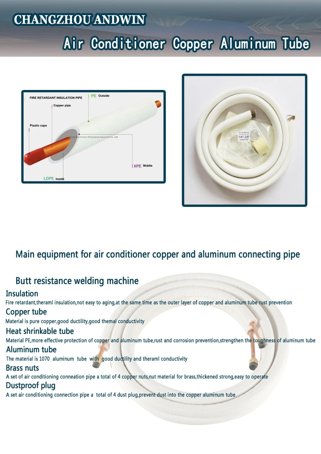 Air Conditioner Spare Parts Insulated Foam Copper Aluminum Connecting Pipe/Tube