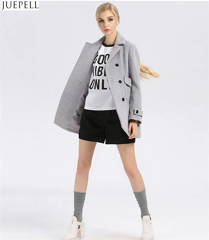 Autumn and Winter Gray Solid Color Woolen Coat Lapel Wool Breasted Thin Female Long Women Coat