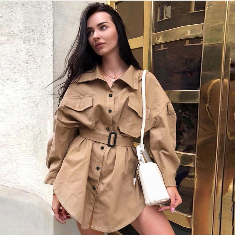 2020 Hot Women Cotton Single Breasted Khaki Trench Coat with Belt