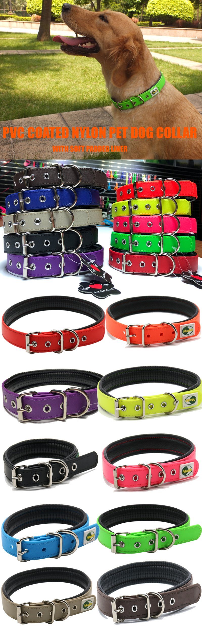 Waterproof Pet Dog Training Collar, PVC Coated Nylon Pet Collar Leash with Soft Padded Liner