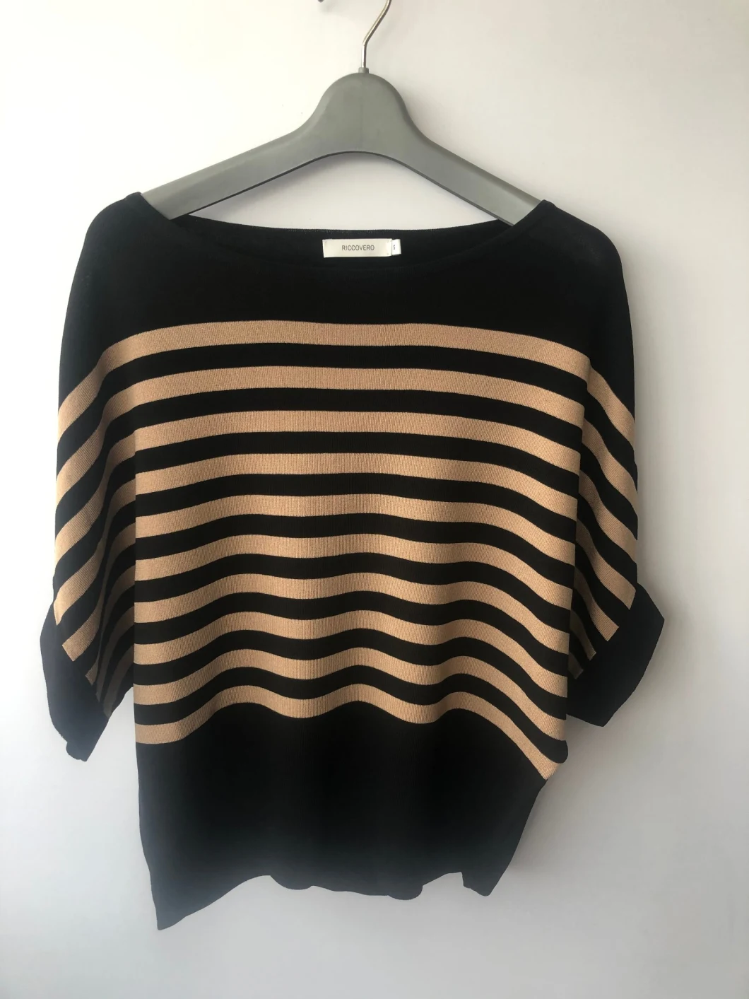 Women spring Big Neck Bat-Wing Sleeve Short Sleeve Pullover with Stripes Knitwear