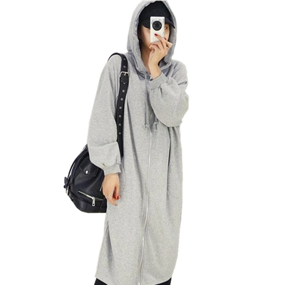 100%Cotton Sweater Hooded Long Style Coat with Full Zipper