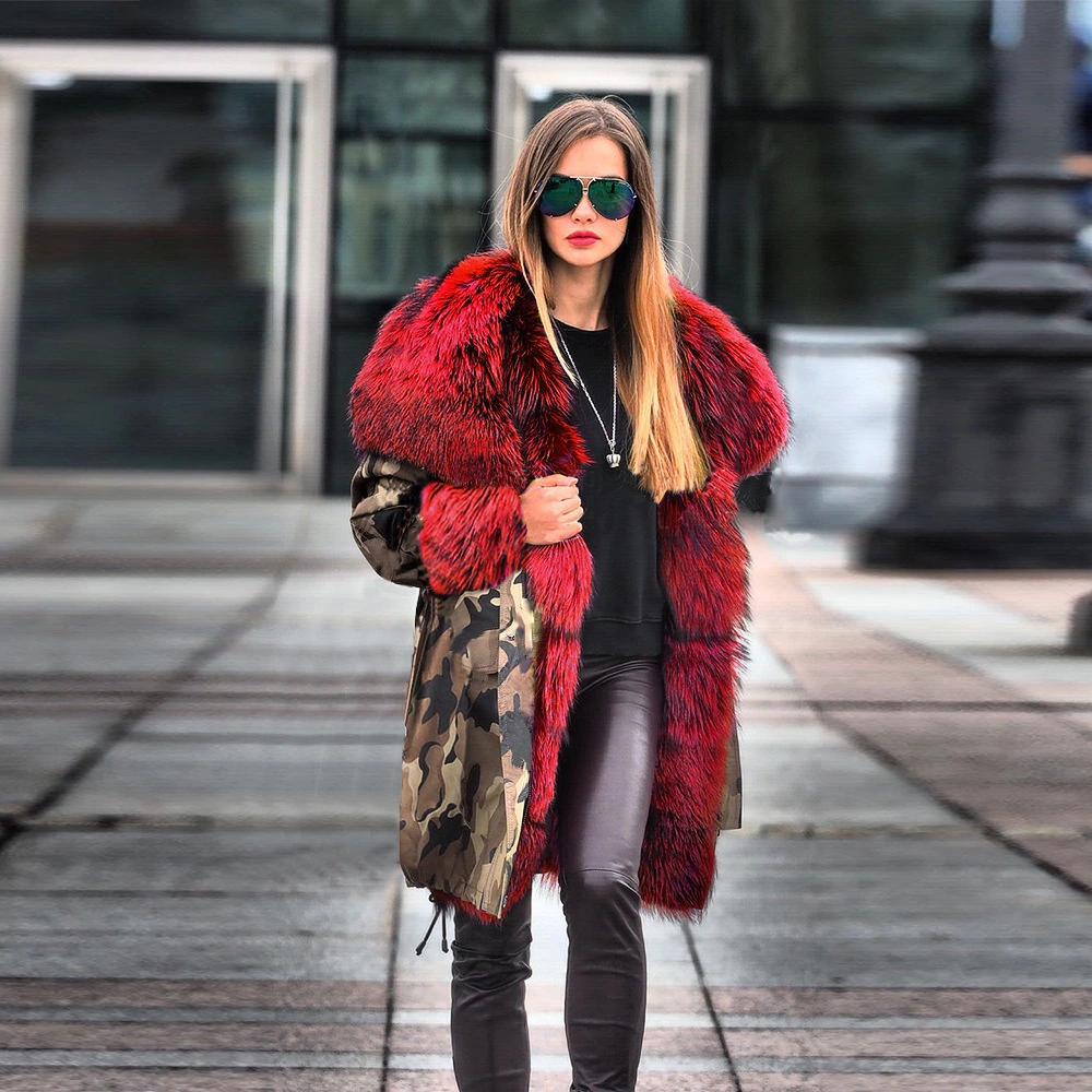 2020 Winter Warm Hooded Personalized Printed Large Fur Collar Cotton Jacket Women's Coat