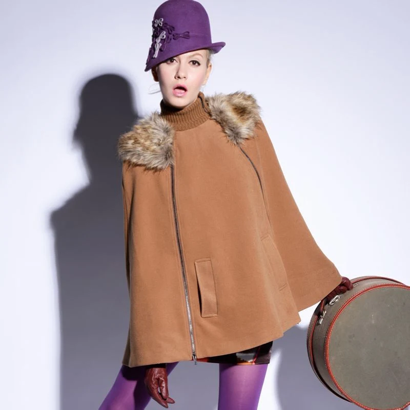 High Quality Popular Fur-Collar Pohcho Coat with Stand up Collar