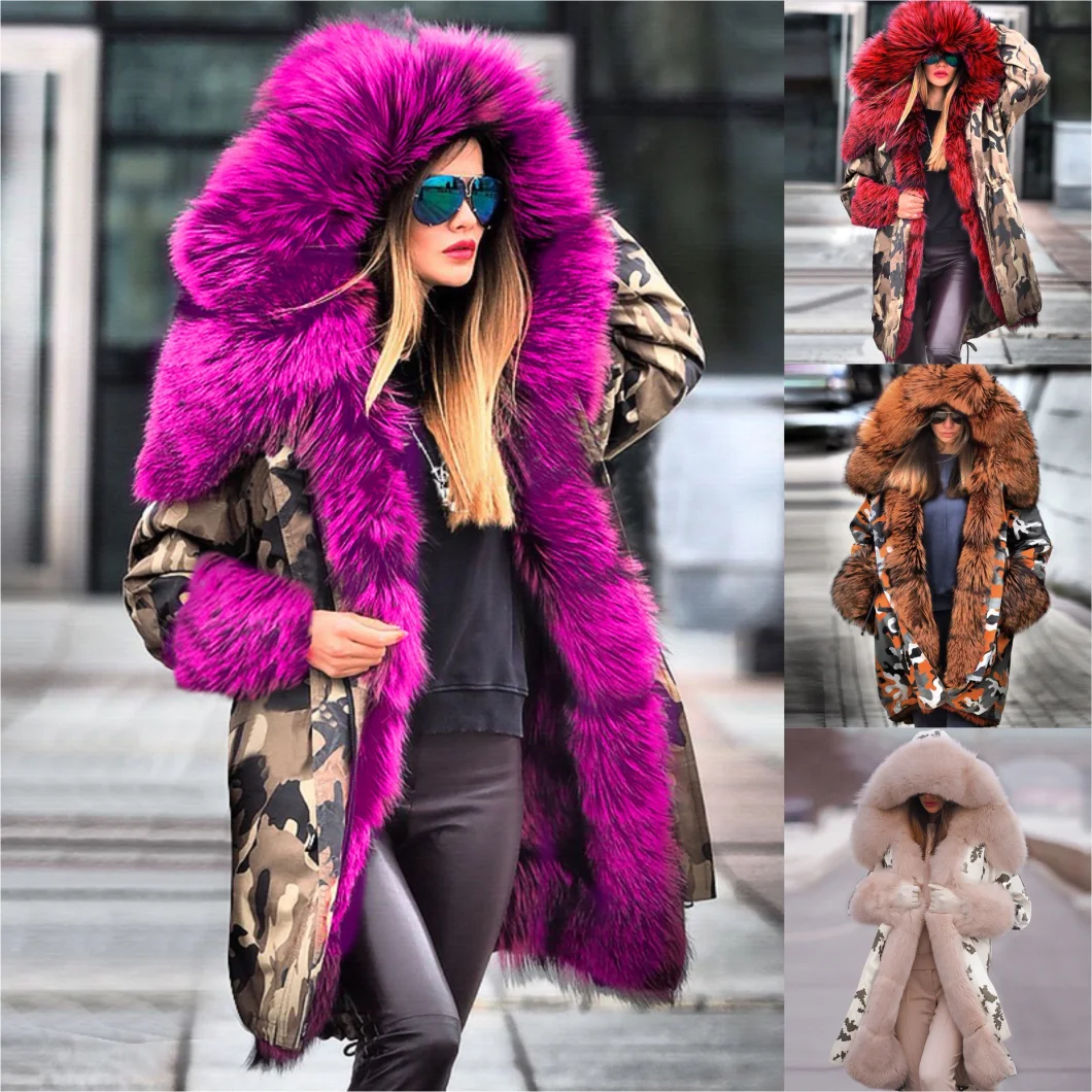 2020 Winter Warm Hooded Personalized Printed Large Fur Collar Cotton Jacket Women's Coat