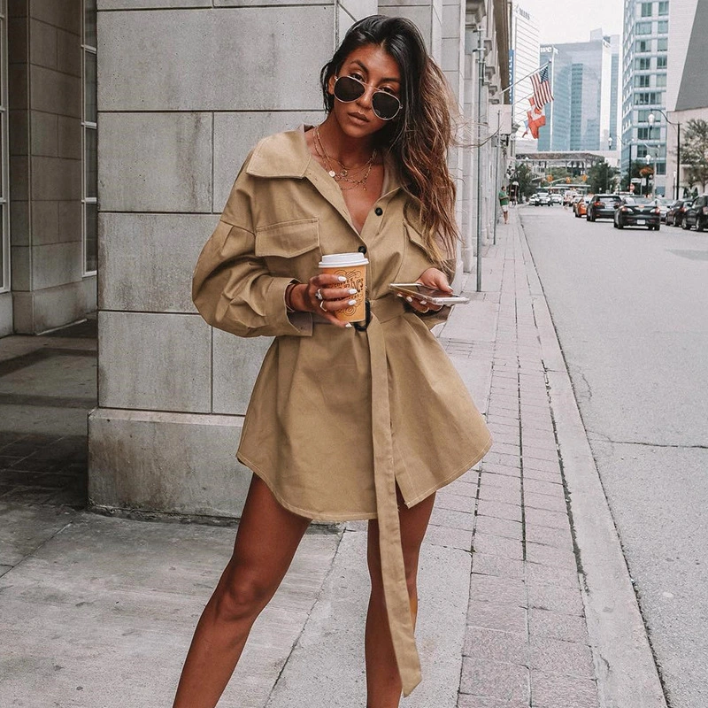 2020 Hot Women Cotton Single Breasted Khaki Trench Coat with Belt