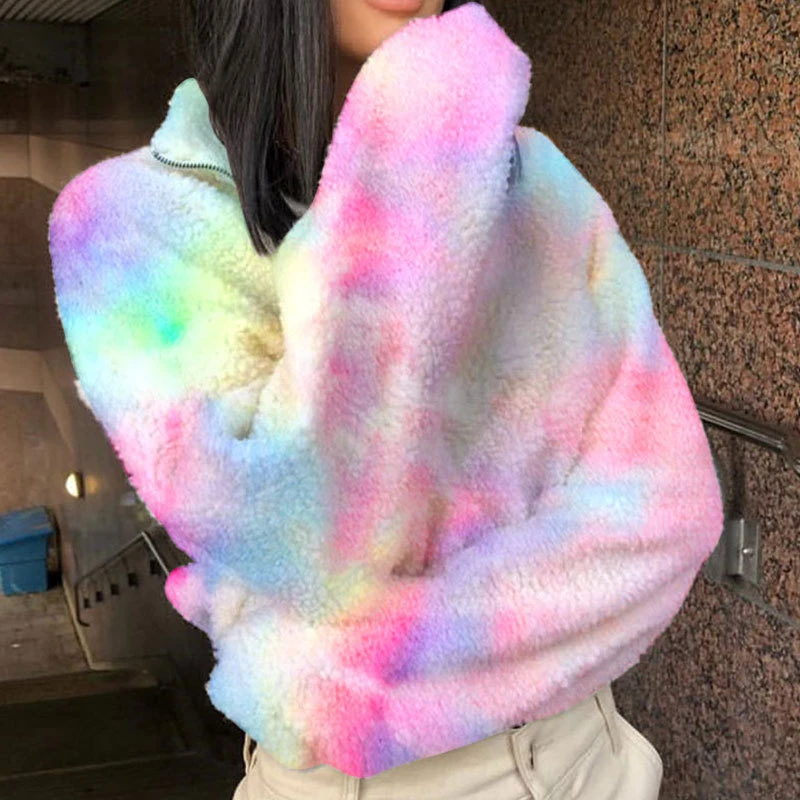 Fashion Rainbow-Colored Turn-Down Collar Long Sleeve Women's Coat Fleece Hoodies