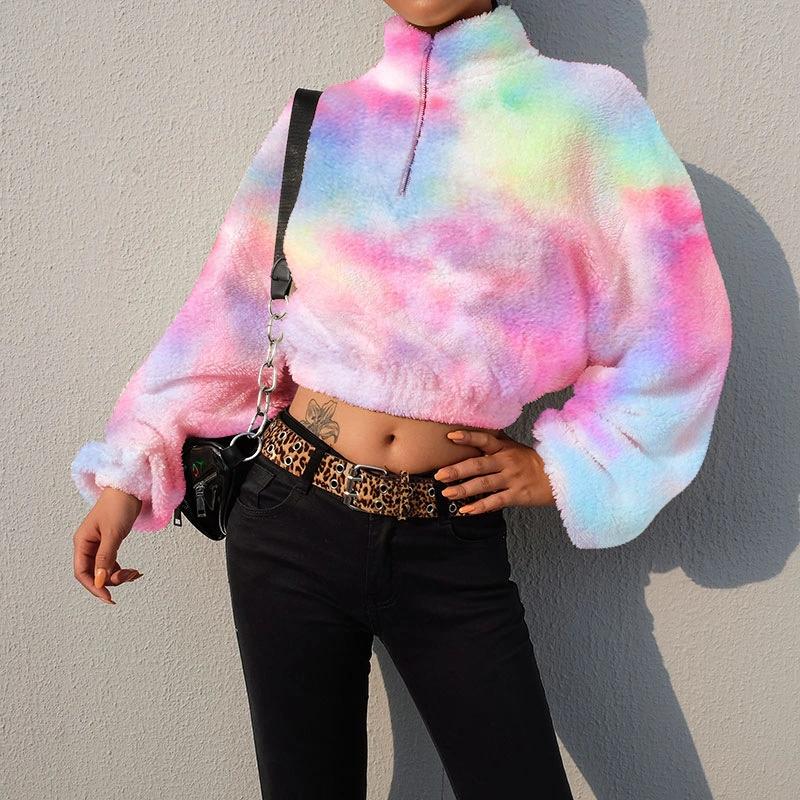 Fashion Rainbow-Colored Turn-Down Collar Long Sleeve Women's Coat Fleece Hoodies
