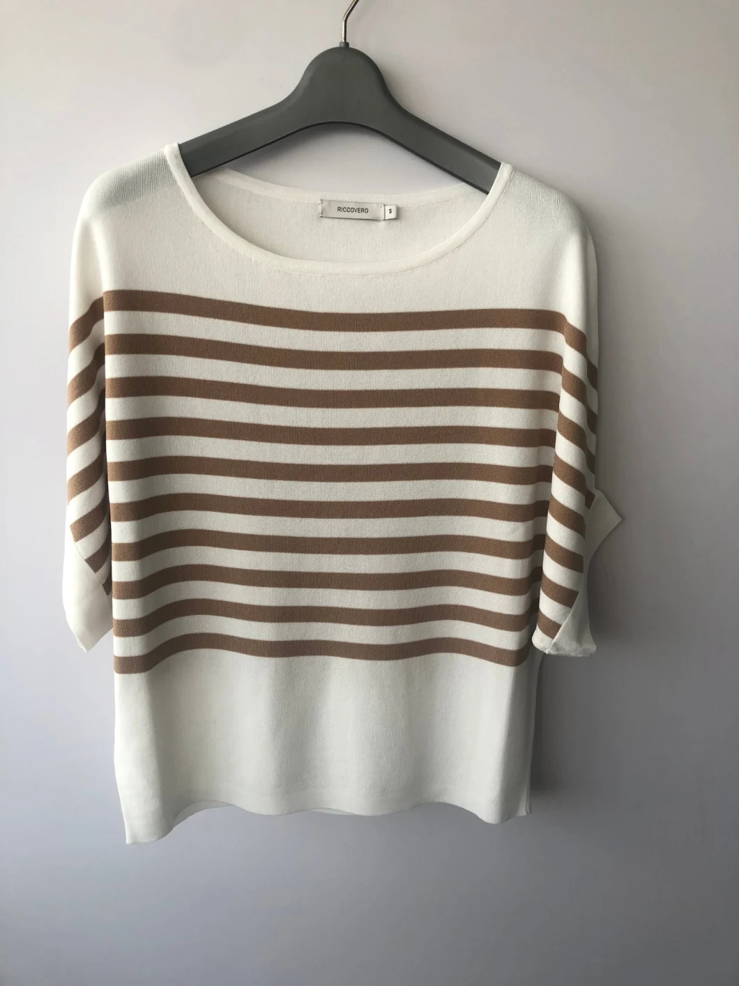 Women spring Big Neck Bat-Wing Sleeve Short Sleeve Pullover with Stripes Knitwear