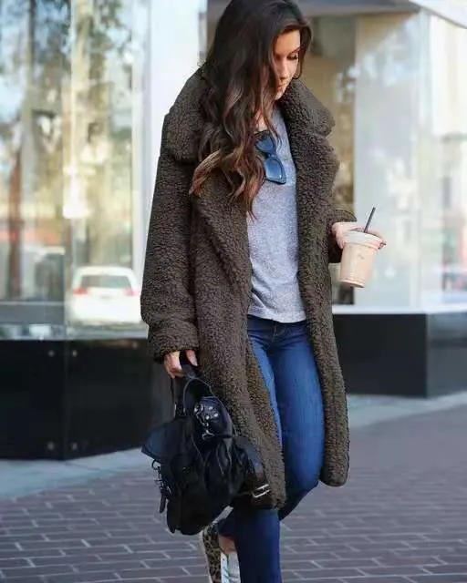 Fashion Lapel Long-Sleeved Plush Blouse Women Winter Plus Size Long Coat