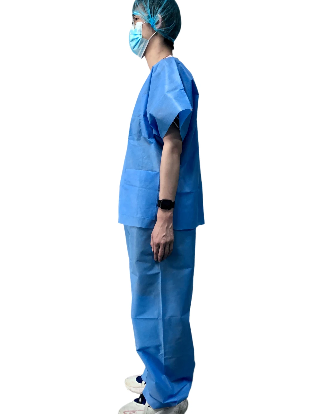 Blue Short Sleeves Disposable Non Woven Nursing Uniforms Waterproof and Easy-Breath SMS Suit Twosie