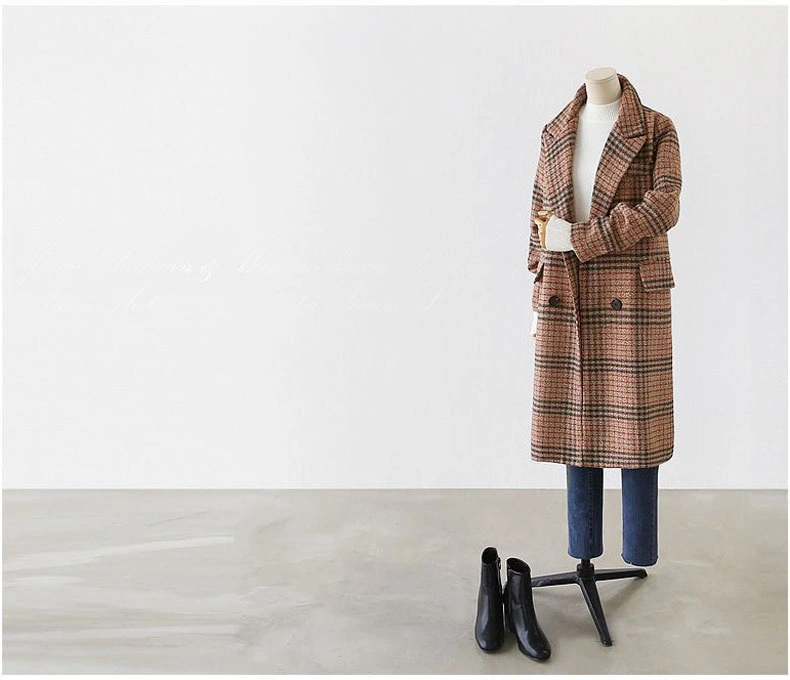 Lapel Double-Breasted Thicken Large Size Loose MID-Length Plaid Woolen Coat