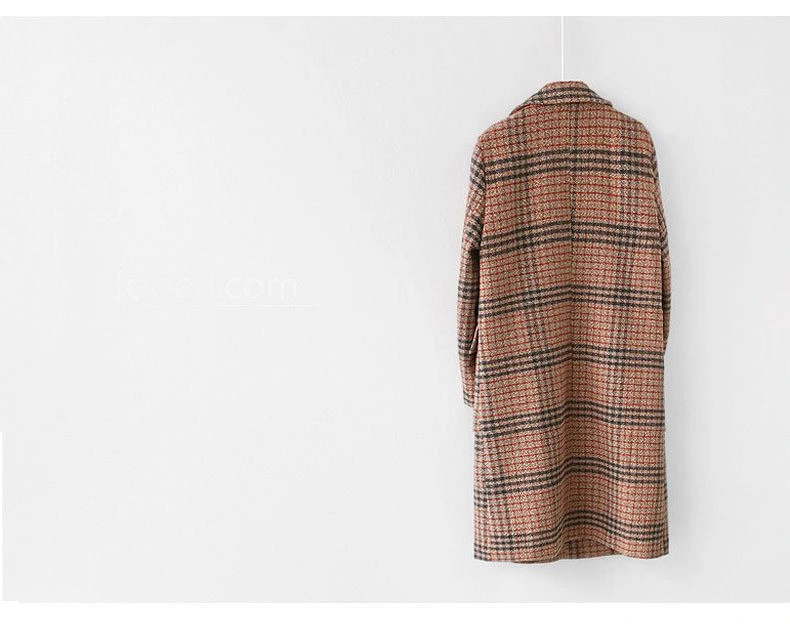 Lapel Double-Breasted Thicken Large Size Loose MID-Length Plaid Woolen Coat