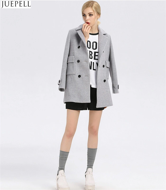 Autumn and Winter Gray Solid Color Woolen Coat Lapel Wool Breasted Thin Female Long Women Coat