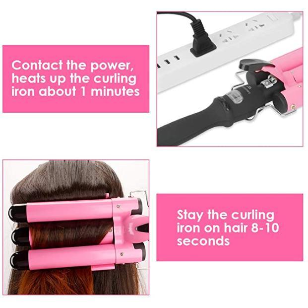 3 Barrel Curling Iron with LCD Temperature Display Crimper Curling Iron Temperature Adjustable Hair Crimpe Fast Heating Crimper Hair Iron with Heat