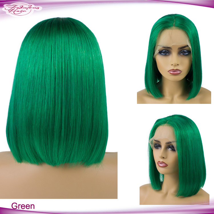 Large Stock Wholesale Brazilian Hair Green Color Wigs Short Hair Lace Wig Straight Virgin Hair Wig