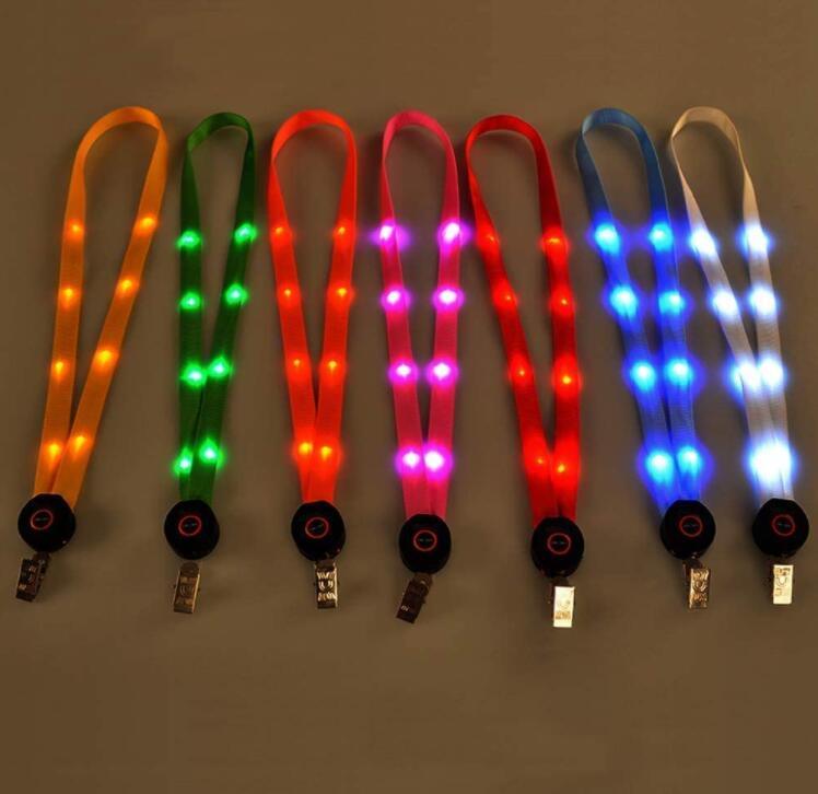 LED Light up Neck Strap Band Lanyard Key Chain ID Card Hanging Ropes Flash Luminescent Cords String