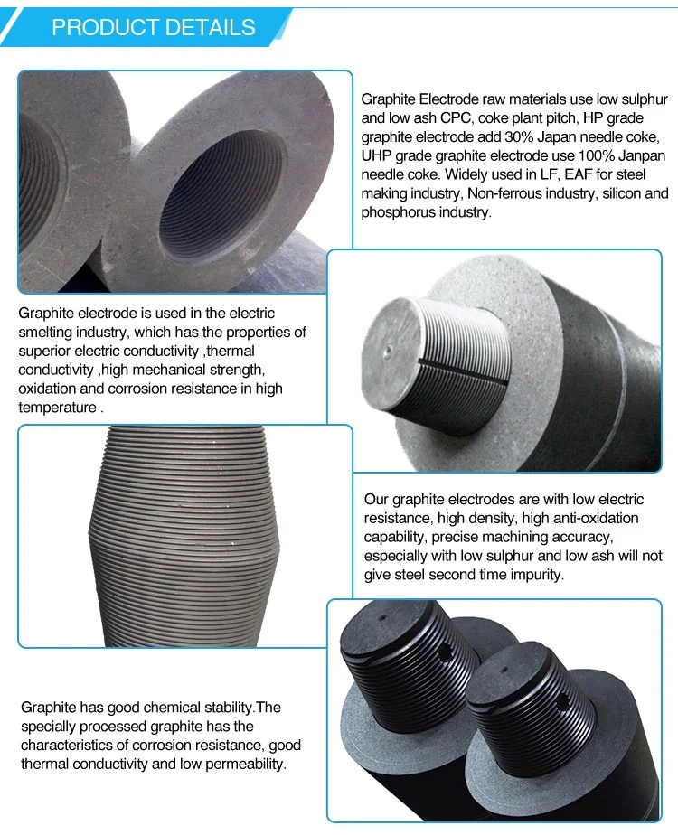 Graphite Electrodes with 4 Tpi Nipple Graphite Felt Electrode High Bulk Density 1.68 Graphite