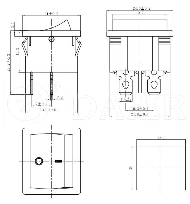 10A 125VAC Double Pole 4 Pin Rocker Switch on off