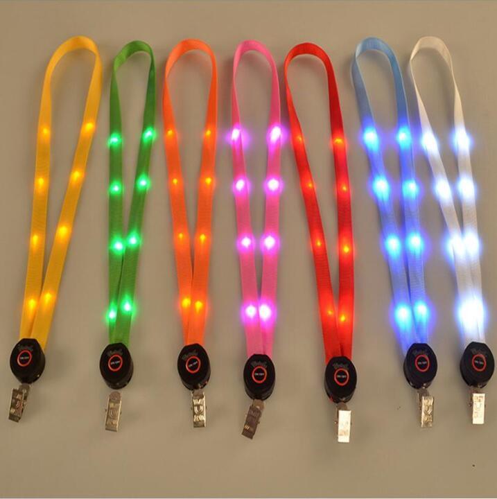 LED Light up Neck Strap Band Lanyard Key Chain ID Card Hanging Ropes Flash Luminescent Cords String