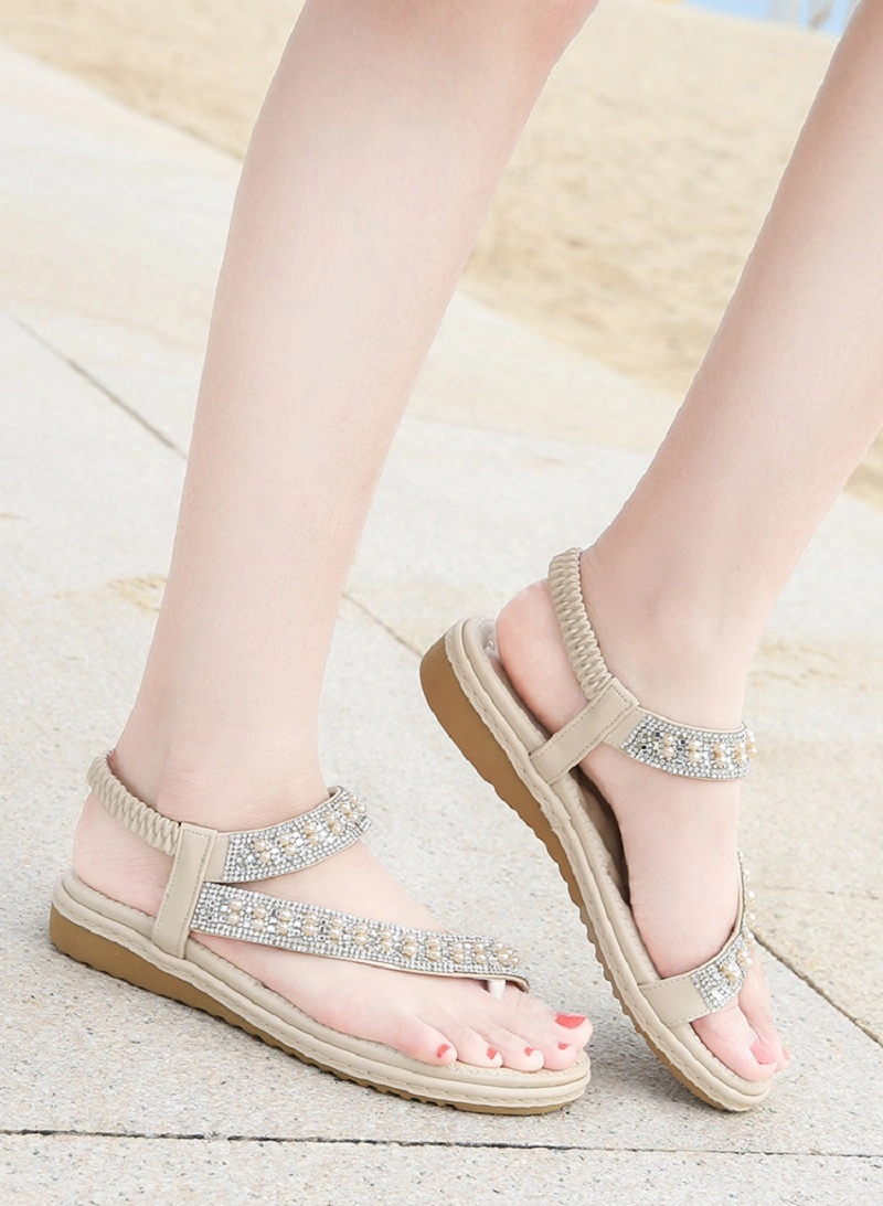 Women's Thong Flat Sandals Casual Beaded Comfortable Slip on Esg13402