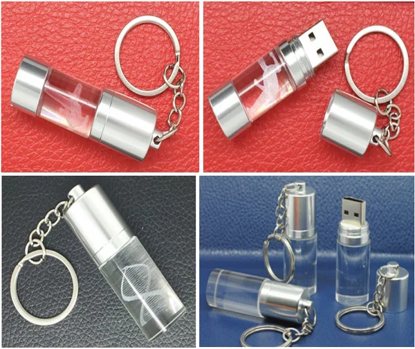 New Crystal Transparent Swivel Open Cover Cylinder Shape USB Disk with Key Chain USD Flash Disk