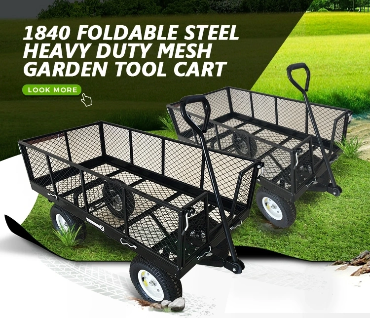 Chinese Manufacturer Handle Pull Garden Cart Heavy Duty Steel Mesh Tool Cart Tc1840